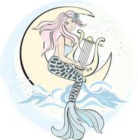 SINGING MERMAID Princess Plays Harp Vector Illustration Set