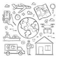 TRANSPORT DELIVERY Collection Monochrome Symbols Hand Drawn vector