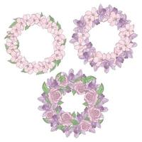 WREATHS From Pink And Purple Flowers Vector Illustration Set