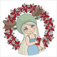 Navidad niña retrato flor guirnalda vector ilustración conjunto
