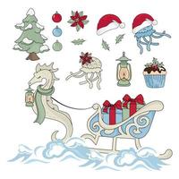 NEW YEAR SEA HORSE Christmas Cartoon Vector Illustration Set