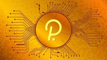 Polkadot cryptocurrency token symbol, DOT coin icon in circle with pcb on gold background. Vector illustration in techno style for website or banner.