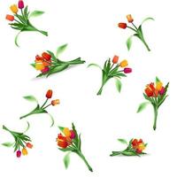 Seamless floral pattern of bouquets of realistic tulips. Blooming bright flowers. Red, yellow and purple buds. Vector. vector