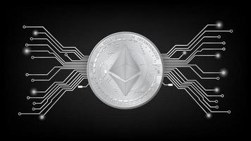 Detailed gold coin Ethereum ETH token with pcb tracks in black and white on dark background. Digital gold in techno style for website or banner. Vector illustration.