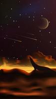 Fantastic space landscape in the style of realism. Lava river. Planet in the sky. Silhouette of a lizard that looks at the falling meteors. Vertical vector illustration.