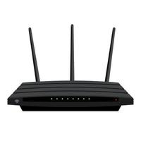 Realistic Wi-Fi router with three antennas isolated on white. Green LEDs on the black case. Device for wireless distribution of the Internet. Vector EPS 10.