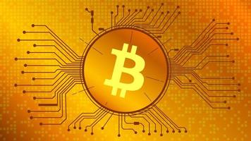 bitcoin criptomoneda simbólico símbolo, btc moneda icono en circulo con tarjeta de circuito impreso en oro antecedentes. digital oro en techno estilo para sitio web o bandera. vector eps10.