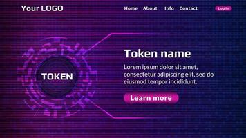 Digital cryptocurrency token website home page template. Altcoin name in digital circle and short description with hot offer. Website header layout. EPS10 vector. vector