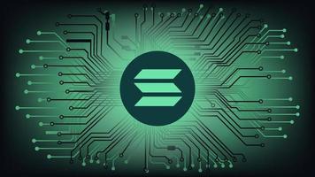 Solana SOL cryptocurrency token symbol in circle on abstract digital background with pcb tracks. Currency coin icon. Vector illustration.