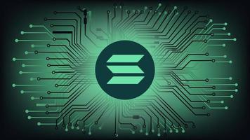 Solana SOL cryptocurrency token symbol in circle on abstract digital background with pcb tracks. Currency coin icon. Vector illustration.