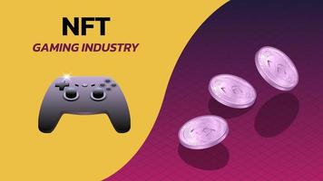 NFT non fungible tokens gaming industry banner with game console gamepad and isometric falling coins. Pay for unique collectibles in games or art. Vector illustration.