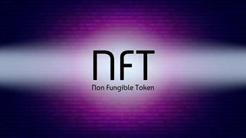 NFT non fungible token in the rays of light from the spotlights on background of numbers. Pay for unique collectibles in games or art. Vector illustration.