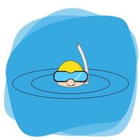 un hombre en agua en un máscara y con un bucear tubo. círculos en azul agua y un amarillo gorra para nadando en su cabeza. aislado vector. vector