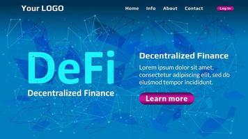 Defi - decentralized finance website template on blue abstract polygonal background. Website header layout with hot offer. Ecosystem of financial applications and services. Vector EPS10.