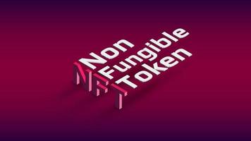 NFT nonfungible token isometric text on dark red background. Pay for unique collectibles in games or art. Design element. Vector illustration.