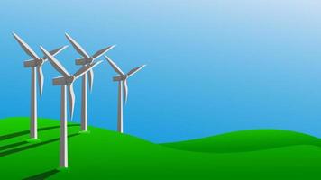 Concept using green energy to protect environment. Windmills generate electricity on green grass. Vector illustration.