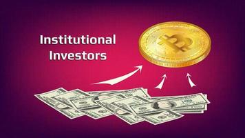 Concept of money flow from institutional investors to crypto industry and buying bitcoins. Banner for news on red background. Vector illustration.