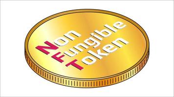 NFT non fungible token isometric text on golden coin isolated on white. Pay for unique collectibles in games or art. Vector illustration.