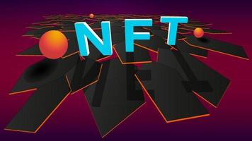 3D NFT non fungible token on stylish modern polygonal background from hexagons and orange balls. Pay for unique collectibles in games or art. Vector illustration.