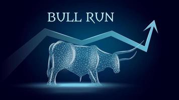 Bullish trend with a polygonal bull and an upward arrow on dark blue background. Bull run on the stock exchange. Bullish support. Vector illustration.