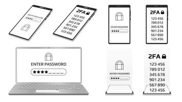 conjunto de concepto de 2fa dos factores autenticación y entrar contraseña concepto en ordenador portátil y teléfono inteligente pantalla. proteger tu dinero con codigos en un teléfono inteligente vector ilustración.