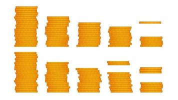 Set of golden stacks of coins isolated on white. Cartoon style. Side view. Big jackpot. Vector 10.