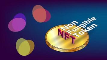 NFT non fungible tokens infographics with isometric text on golden coin and abstract shapes on blue background. Pay for unique collectibles in games or art. Vector illustration.