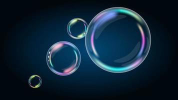 Rainbow soap bubbles on a dark background with copy space. Large and small air bubbles. Vector EPS10.