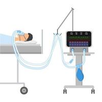 un hombre acostado en el cama con dormido apnea y cpap. en el cara oxígeno máscara con dos tubos conectado con un dispositivo para artificial ventilación de el pulmones. aislado vector eps10.