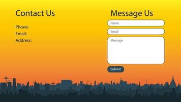 Contact screen concept for website with beautiful city silhouette at sunset. Form of sending messages. Vector templates for website design. UI, UX, GUI. EPS 10.