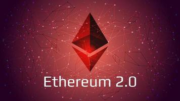 ethereum 2.0 actualizado - criptomoneda moneda símbolo en resumen poligonal rojo antecedentes. nuevo dirección después difícil tenedor. prueba de participación pos consenso. vector eps10.