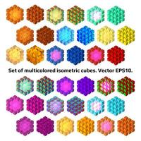 Set of multicolored isometric cubes from separate small cubes isolated on white. Decentralized system symbols. Vector EPS10.