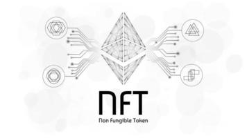 NFT non fungible tokens infographics with pcb tracks and different tokens on white background. Pay for unique collectibles in games or art. Vector illustration.