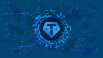 Tether token symbol, USDT coin icon, in a digital circle with a cryptocurrency theme on a blue background. Digital gold in futuristic style for website or banner. Copy space. Vector EPS10.