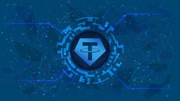 Tether token symbol, USDT coin icon, in a digital circle with a cryptocurrency theme on a blue background. Digital gold in futuristic style for website or banner. Copy space. Vector EPS10.