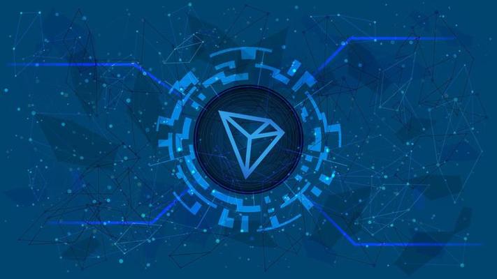 Tron TRX token symbol in a digital circle on polygonal blue background. Cryptocurrency coin icon. Digital gold for website or banner. Copy space. Vector.