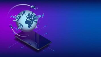 Isometric concept of high speed satellite communication 5g or wifi with smartphone and copy space on blue. 3d planet Earth with cell towers above the phone screen. Banner or website header template. vector