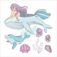 UNDERWATER LIFE Mermaid And Whale Vector Illustration Set