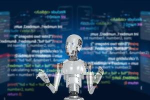robot programmer that uses artificial intelligence in data processing programming digital technology with a large database Software development and coding technology with HTML, PHP and JavaScript. photo