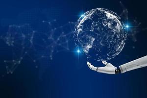robot hand that shows the network connection of the future, the Internet around the world with AI, artificial intelligence photo
