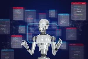 Program development with artificial intelligence robots The use of AI programmers developing or solving program problems. create modern software digital software technology photo