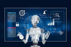 robot programmer that uses artificial intelligence in data processing programming digital technology with a large database Software development and coding technology with HTML, PHP and JavaScript. photo