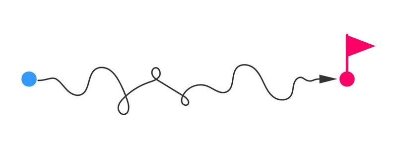 Curved line with start point and direction arrow finishing near flag symbol. Difficult way, chaos path, hard challenge, long route concept
