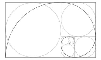 Golden ratio sign. Logarithmic spiral in rectangle with squares and circles. Leonardo Fibonacci Sequence. Ideal symmetry proportions template. Mathematics symbol vector