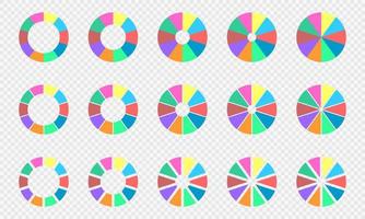 Pie and donut charts set. Circle diagrams divided in 10 sections of different colors. Infographic wheels. Round shapes cut in ten parts vector