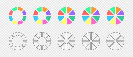 Donut charts set. Circle diagrams divided in 8 sections in flat and graphic variations. Infographic wheels, loading bars, round shapes cut in eight equal parts vector