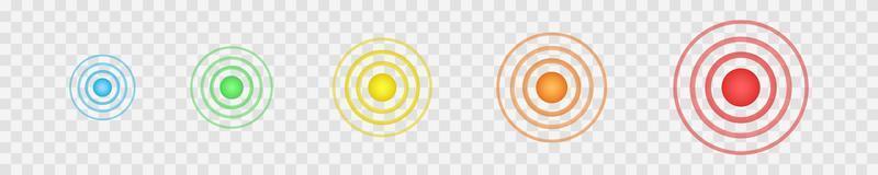 Multicolored concentric points. Symbols of aim, target, pain, healing, hurt, painkilling. Round localization icons. Radar, sound or sonar wave signs vector