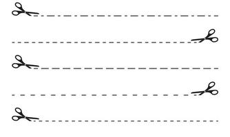 conjunto de tijeras íconos con diferente punteado líneas. cortar aquí pictograma para cupones, vales, etiquetas, papel paginas vector
