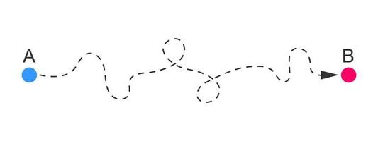 Curved dashed line from A to B start and finish points and direction arrow. Difficult way, chaos path, hard route symbol vector