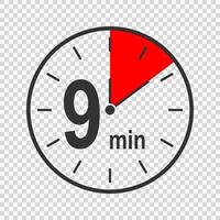 Clock icon with 9 minute time interval. Countdown timer or stopwatch symbol. Infographic element for cooking or sport game vector